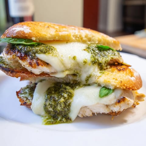 Ciabatta bread overflowing with a savory Pesto Chicken Melt, Italian flavors abound.