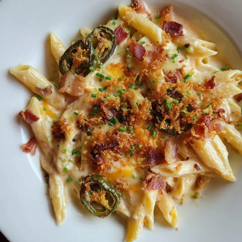 Pyszne i pikantne danie Jalapeño Popper Pasta, bogate w aromaty z pieczoną papryczką jalapeño i boczkiem.