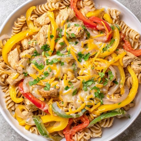 Cheesy, one-pan chicken fajita pasta skillet, a Tex-Mex inspired comfort food meal.