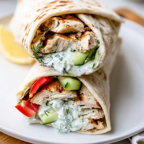 Apetyczna fotografia Greek Chicken Wrap, z mięsem kurczaka otoczonym w miękkiej pita.
