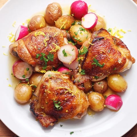Sizzling in the oven: Roasted Radish & Chicken Sheet Pan with tender chicken thighs and beautifully roasted radishes.