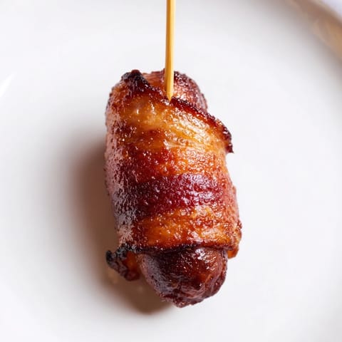 Bacon-Wrapped Smokies glistening with caramelized brown sugar, served warm on a party platter with toothpicks.