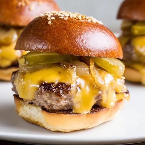 Crispy golden Touchdown Brat Sliders with melted beer cheese sauce and caramelized onions on soft buns.  