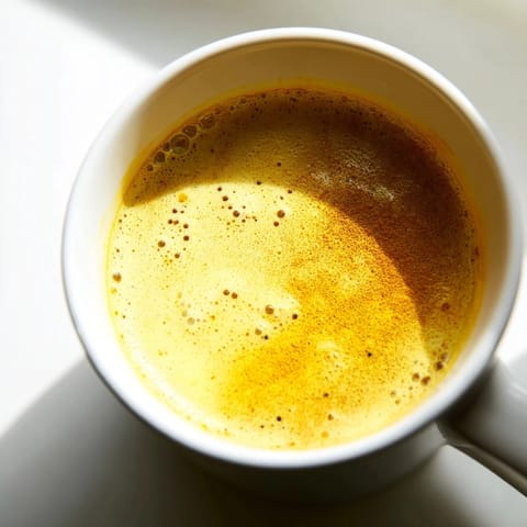 A close-up of golden milk from the turmeric and ginger recipe, steam rising from a creamy mug paired with oat cookies on a rustic table.