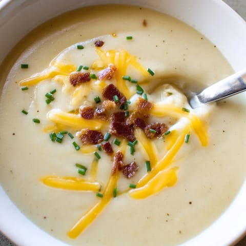 Steaming bowl of Cream of Potato Soup garnished with cheddar cheese and fresh parsley.