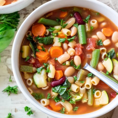 Freshly made Minestrone Soup garnished with parsley, featuring diced zucchini and carrots in a rich tomato-based broth.