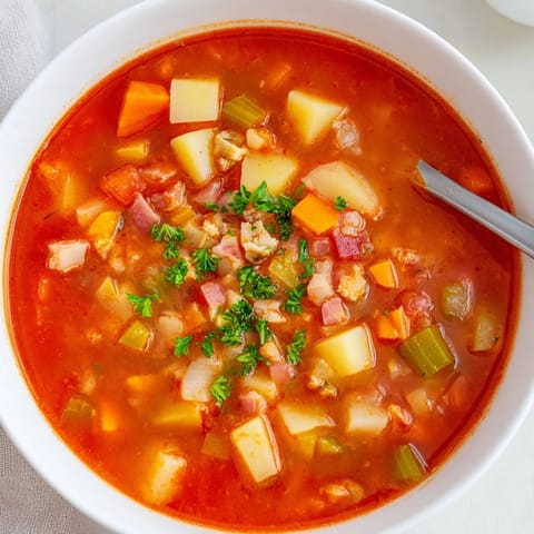 A vibrant bowl of Manhattan Clam Chowder served with crusty bread and fresh parsley garnish.  