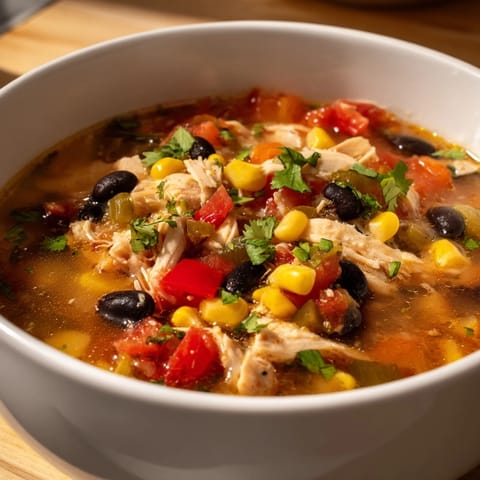 A ladle of Southwestern Turkey Soup with beans, corn, and turkey reveals a rich tomato broth, perfect for a cozy American dinner.