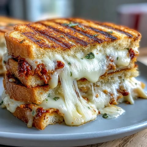 Rumiana kanapka z pestem z suszonych pomidorów z topionym serem, gotowa do podania.