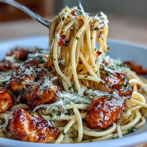 Pachnący makaron z kurczakiem w sosie miodowo-czosnkowym leży na stole, z widocznym parmezanem i świeżą natką.