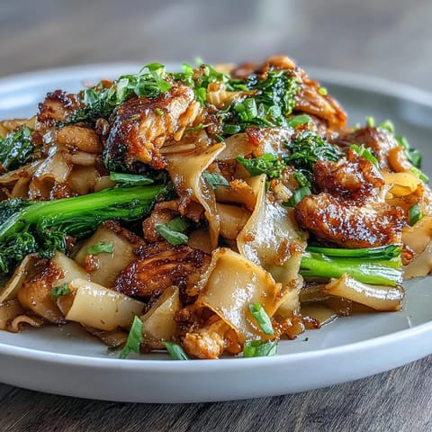 Wide rice noodles glisten in a savory-sweet sauce, tossed with tender chicken and crisp Chinese broccoli in this Authentic Thai Pad See Ew.