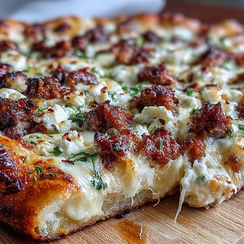 Freshly baked Hot Sausage Feta Honey Pizza with spicy Italian sausage crumbles and a glistening drizzle of hot honey.