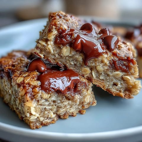 Plasterki banana baked oatmeal bars z kawałkami czekolady, aromatyczne i wilgotne w środku.