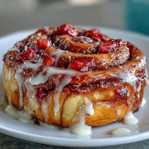 Rumiane, pulchne cynamonowe bułeczki truskawkowe z gorącym, kremowym lukrem serowym, gotowe do podania na śniadanie.