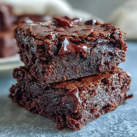 Ciepłe, jeszcze lekko wilgotne Greek Yogurt Brownies z kawałkami czekolady w rustykalnej formie.