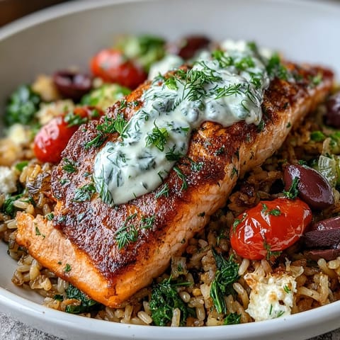 Sezonowany łosoś na chrupiącym ryżu z warzywami, wykończony ziołami.