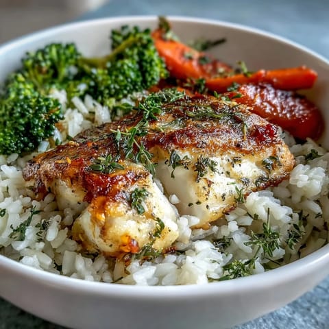 Kolorowa miska pieczonego dorsza z ryżem i chrupiącymi, gotowanymi na parze warzywami.