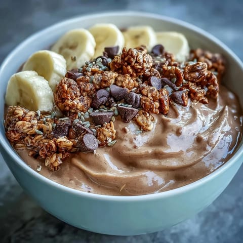 Indulgent chocolate Chunky Monkey Smoothie Bowls topped with banana slices, granola, cacao nibs, and hemp seeds for a healthy treat.