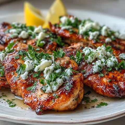 Juicy slices of Greek Chicken with Lemon and Feta plated with a crisp Greek salad and pita bread.