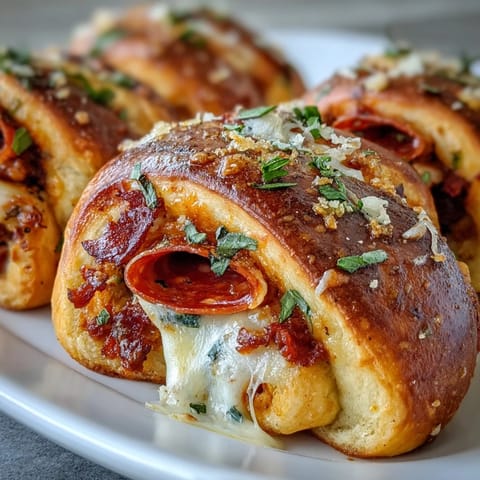 Sliced Irresistible High Protein Pepperoni Pizza Rolls reveal layers of lean beef, pepperoni, and melted mozzarella inside soft protein dough on a marble board.