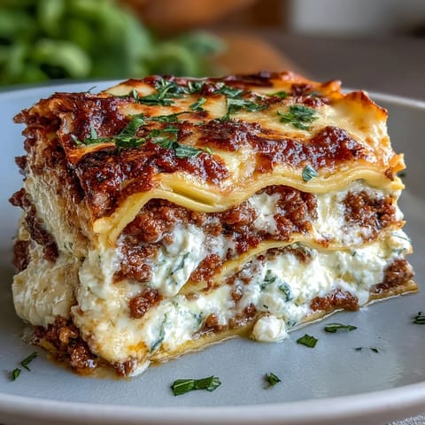 World's Best Lasagna with bubbling mozzarella and Parmesan, fresh basil garnish on a rustic table.