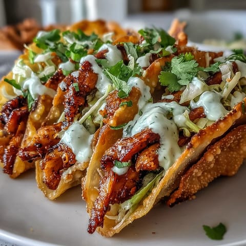 Smakowite Crispy Chicken Wonton Tacos z kurczakiem w przyprawach, z sosem sriracha majonezowym i chrupiącą kapustą.