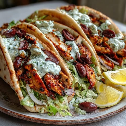 Złociste, grillowane kawałki kurczaka w plackach pity z sosem feta tzatziki i świeżymi warzywami.