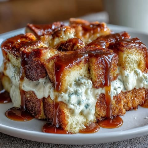 Gooey homemade Caramel Cream Cheese French Toast Casserole with toasted brioche cubes and sweet drizzle.