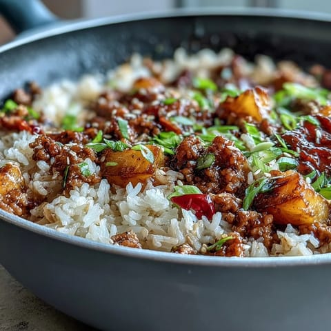 A close-up of sweet-and-sour turkey rice skillet, showing fluffy rice, tender ground turkey, and juicy pineapple chunks.