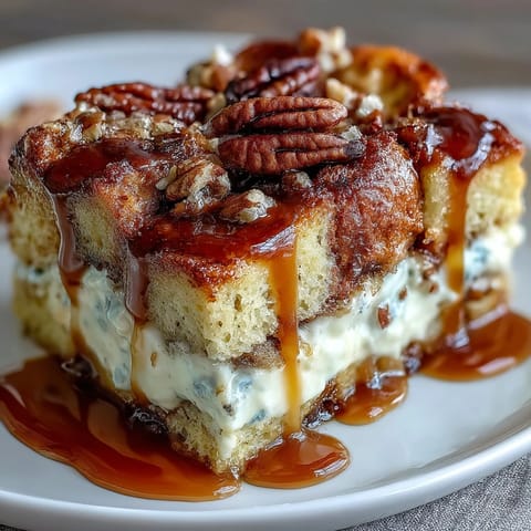 Cinnamon-spiced Caramel Cream Cheese French Toast Casserole served warm with fresh berries and whipped cream.