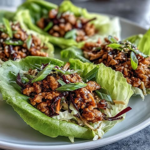 Savory Potsticker-Inspired Chicken Lettuce Boats topped with crunchy carrots and sesame seeds for texture. 