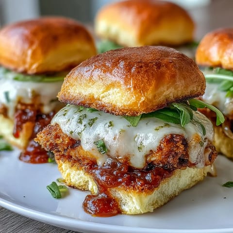 Mini brioche buns hold golden chicken cutlets with vibrant basil pesto for an easy Italian-American appetizer.