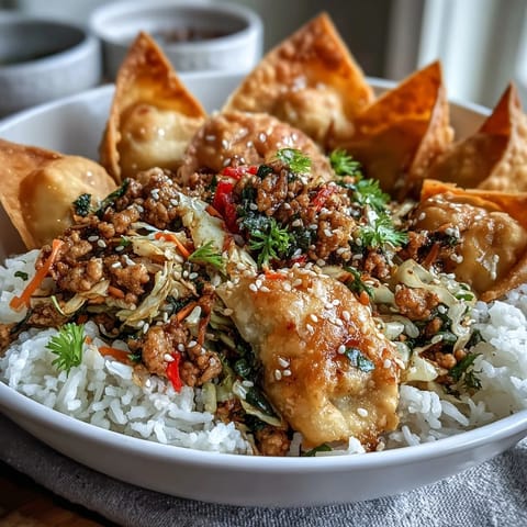 Crispy Baked Egg Roll Chicken Bowls served over fluffy jasmine rice, topped with crunchy wonton strips and fresh green onions.