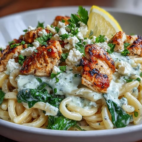 Zdjęcie gotowej potrawy Greek Chicken Feta Pasta Skillet z chrupiącym kurczakiem i sosem jogurtowym, serwowanej w żeliwnej patelni.