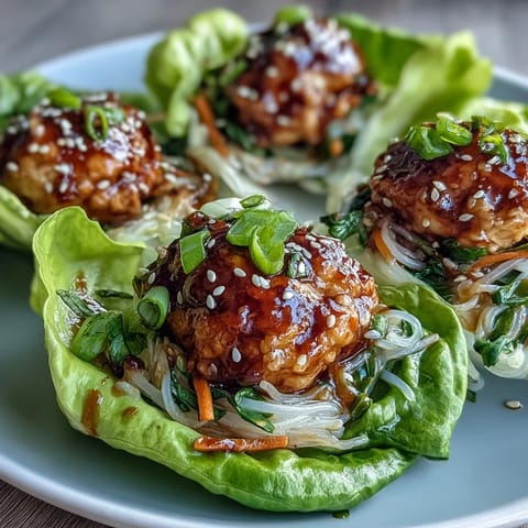 Fresh ginger, garlic, and sesame in the savory sauce fill these Potsticker Noodle Lettuce Cups with turkey noodles for an easy weeknight bite.