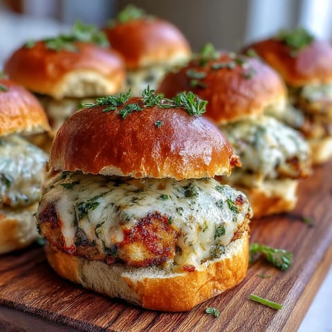 Golden, crispy Pesto Chicken Parmesan Sliders piled high on a serving board, garnished with fresh parsley and extra marinara.