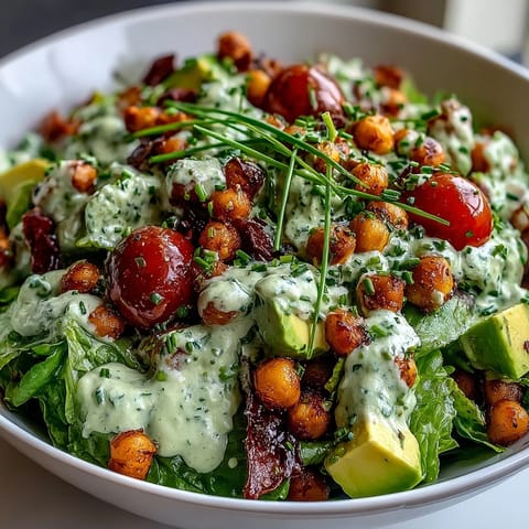 Smakowita sałatka Pistachio Green Goddess z chrupiącymi ciecierzycami, awokado i pistacjowym dressingiem na białym tle.