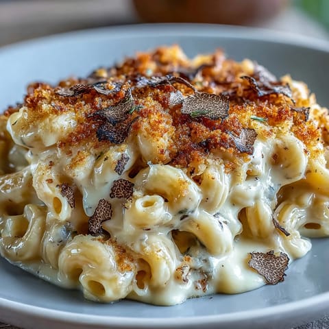 Idealized golden-brown Truffle Mac & Cheese emerges from the oven, bubbling with rich, velvety cheese sauce and topped with crispy panko breadcrumbs. This luxurious vegetarian main dish looks absolutely decadent, ready to serve alongside a crisp green salad for a comforting American dinner. Freshly shaved black truffle garnish adds an earthy, aromatic elegance to the bubbling pasta casserole.