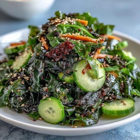 Zielone liście i chrupiące wodorosty nori skąpane w orientalnym sosie imbirowo-sojowym.