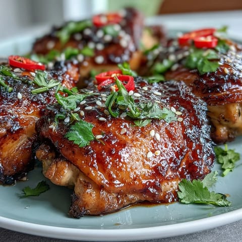 Pyszne, lepkie chili jam chicken glaze na chrupiących udach z kurczaka z piekarnika. 