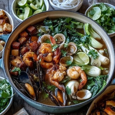 A steaming pot of Asian Hot Pot Seafood brimming with fresh mussels, squid, tofu, and herbs.