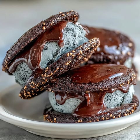 Two black sesame ice cream sandwiches wrapped in parchment paper next to a cup of green tea.