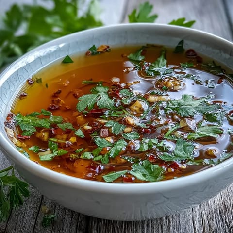 A close-up of spicy Garlic Chilli Oil Dipping Sauce with vibrant red chili flakes, served alongside steamy noodles and herbs.