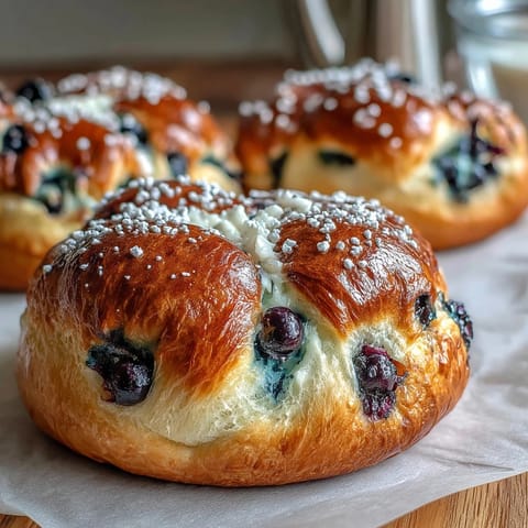 Four golden-brown Cottage Cheese Blueberry Cloud Bread rounds topped with fresh blueberries on a rustic wooden board.