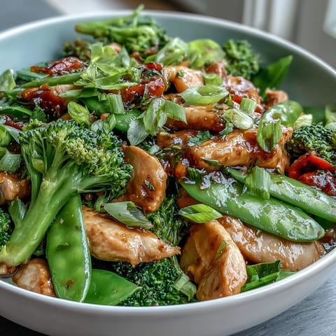 Sizzling 30-Minute Skinny Chicken Stir-Fry with Broccoli and Snap Peas wok-tossed with crisp veggies and a glossy sauce.