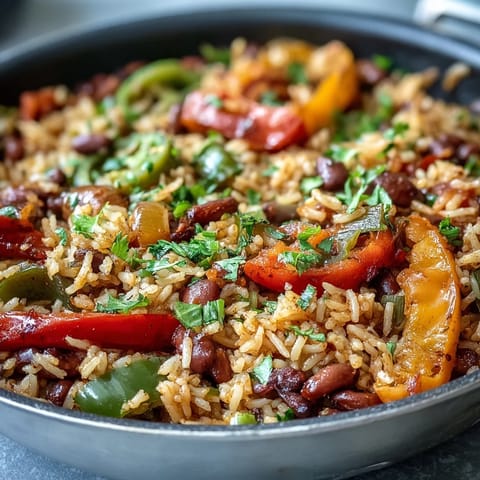 Smoky One-Pan Vegan Fajita Rice Skillet with Peppers and Black Beans steaming in a cast-iron pan, colorful veggies and cilantro garnish ready to serve.