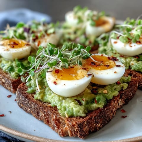 Mashed avocado and soft-boiled egg halves piled high on toast, finished with microgreens and a drizzle of extra virgin olive oil.
