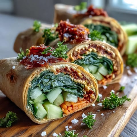 Świeżo zwinięte wraps są pokrojone na pół, ukazując warstwę szpinaku, marchewki i czerwonej papryki.