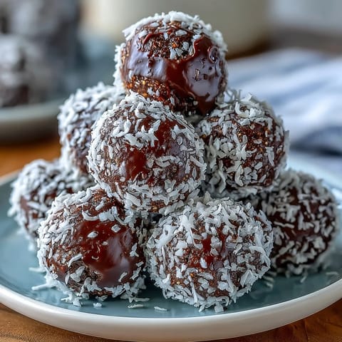 Decadent Vegan Chocolate Avocado Truffles rolled in shredded coconut on a rustic table.