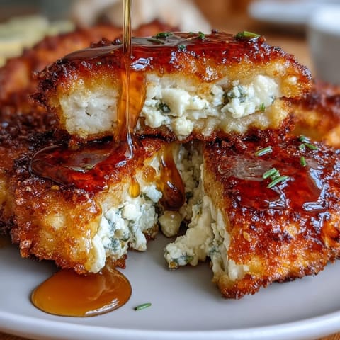 Złocista, chrupiąca kurczak z kruszonką feta i ostrym miodem – niepowtarzalne danie komfortowe.  